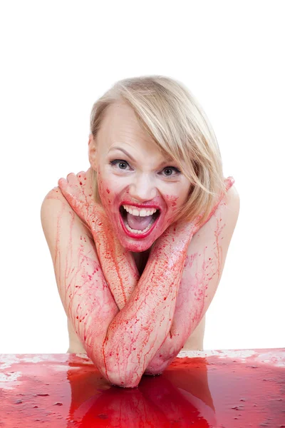 Woman covered in red liquid — Stock Photo, Image