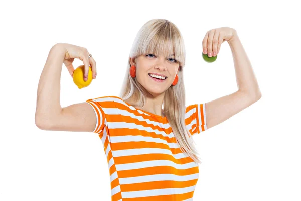 Beautiful girl holding fresh fruit — Stock Photo, Image