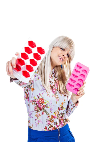 Beautiful girl with kitchen tools — Stock Photo, Image