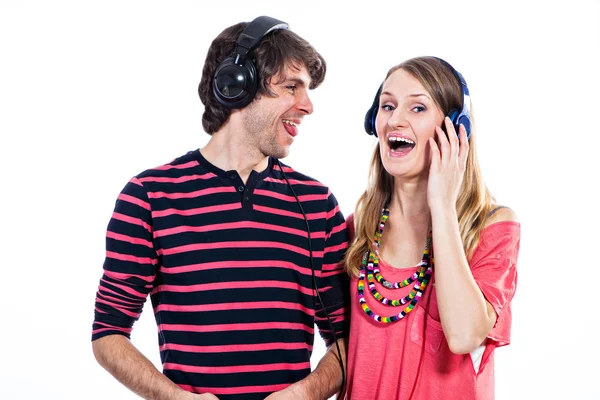 Couple with headphones — Stockfoto