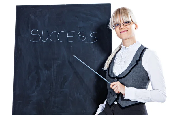 Business woman with chalk board — Stock Photo, Image