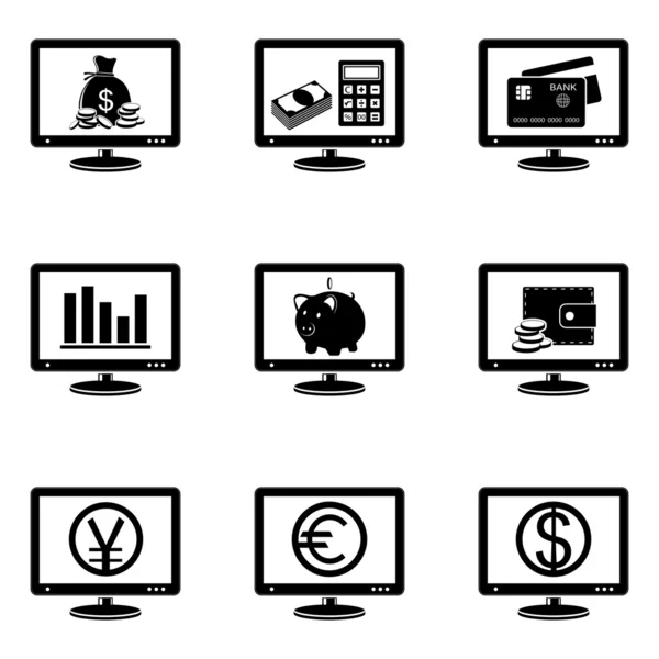 Monitorear iconos con signos de finanzas en la pantalla — Archivo Imágenes Vectoriales