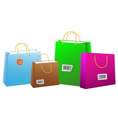 bar kodları içeren renkli alışveriş torbaları.