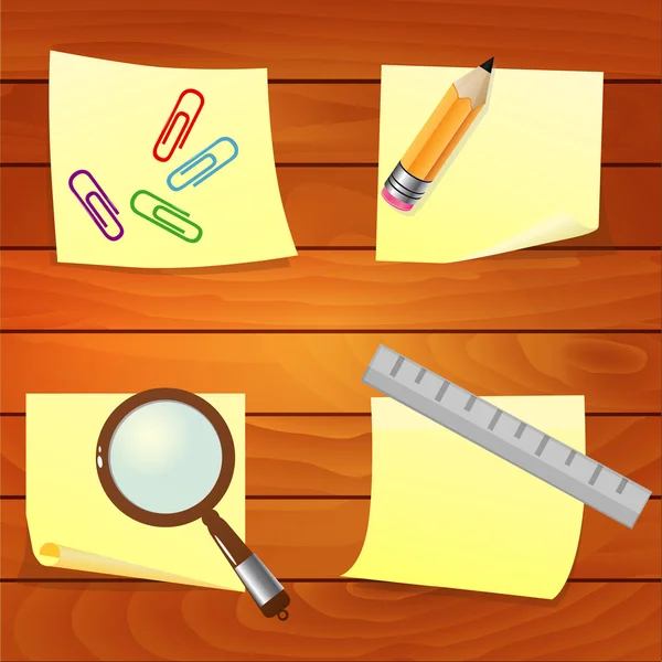 Office supplies on wooden background — Stock Vector