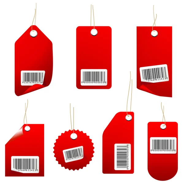 Zestaw czerwonych tagów cenowych z kodem kreskowym — Wektor stockowy