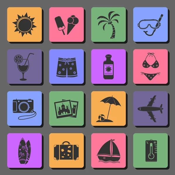 Iconos planos de vacaciones y viajes — Vector de stock