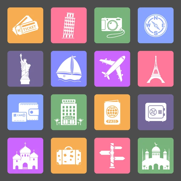 Viajes & Lugares de interés conjunto de iconos planos — Vector de stock