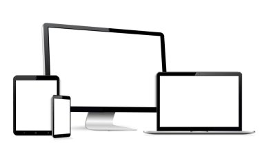Gerçekçi monitör bilgisayar, dizüstü bilgisayar, tablet ve akıllı telefon. Modern cihazlar ayarlandı. Vektör illüstrasyonu.