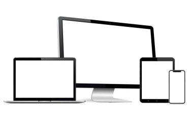 Dijital cihaz ekranı mockup.Telefon, tablet, dizüstü bilgisayar, boş ekran. Beyaz arka planda izole edilmiş. Vektör illüstrasyonu.