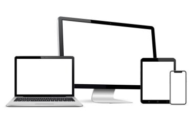 Bilgisayar monitörü, dizüstü bilgisayarı, tableti ve akıllı telefonu olan boş ekranlar. Vektör. resimleme.
