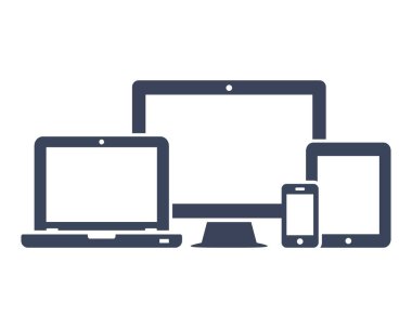Aygıt simgeleri: akıllı telefon, tablet, laptop ve masaüstü bilgisayarı. Karşılıklı web tasarımının vektör illüstrasyonu.