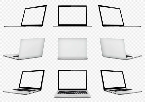Σύνολο Φορητών Υπολογιστών Διάνυσμα Διαφανή Οθόνη Απομονώνονται Διαφανές Φόντο Προοπτική — Διανυσματικό Αρχείο