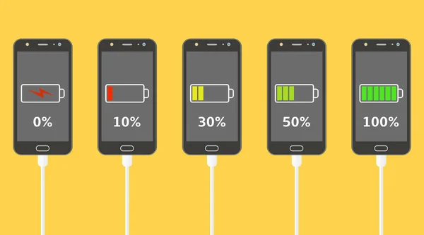 Set Smartphones Battery Charge Level Indicators Discharged Fully Charged Battery — Stock Vector