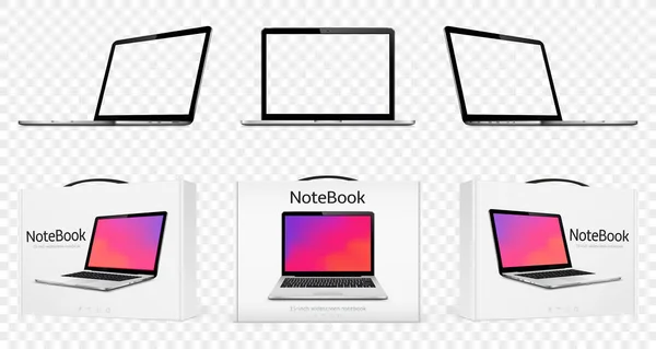 Laptop Mock Transparent Screen New Laptop Boxes Isolated Vector Illustration — Archivo Imágenes Vectoriales