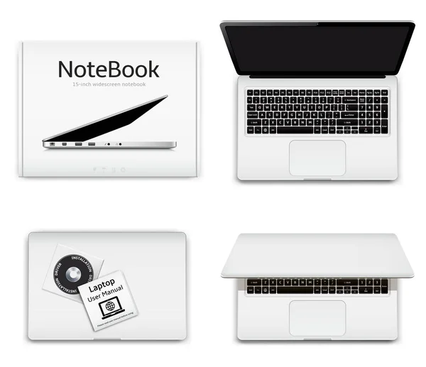 Neuer Notebook Computer Und Box Mit Installationstreiberdiskette Und Bedienungsanleitung Vektorillustration — Stockvektor