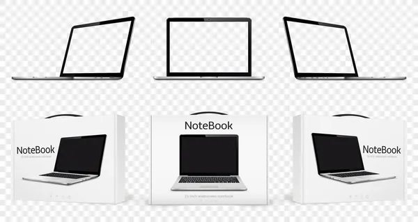 Laptop Mock Διαφανή Οθόνη Και Νέους Φορητούς Υπολογιστές Κουτιά Απομονώνονται — Διανυσματικό Αρχείο