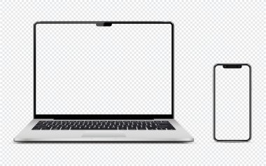 Laptop ve cep telefonu. Şeffaf arkaplanda izole edilmiş. Vektör illüstrasyonu.