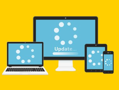 Sistem yazılım güncelleme kavramı. İşlem aygıt ekranlarına yükleniyor. Vektör illüstrasyonu.