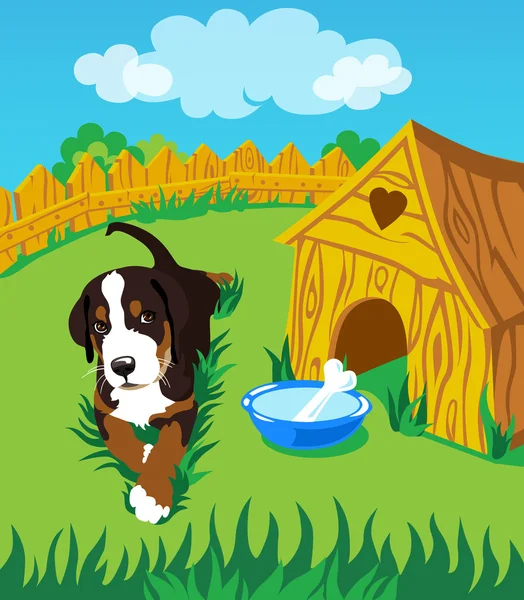 El cachorro en la hierba alrededor de la cabina — Archivo Imágenes Vectoriales