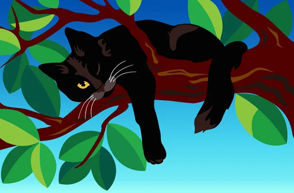 Чёрная кошка на дереве . — стоковый вектор