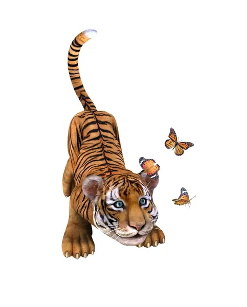 Schattig tiger cub spelen met vlinders. — Stockfoto