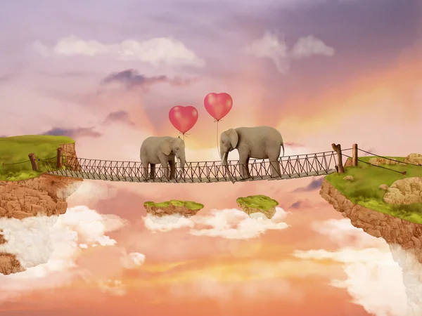 Two elephants on a bridge in the sky with balloons — Stock Photo, Image