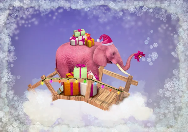 Rosa elefanten i himlen med julen lådor. — Stockfoto
