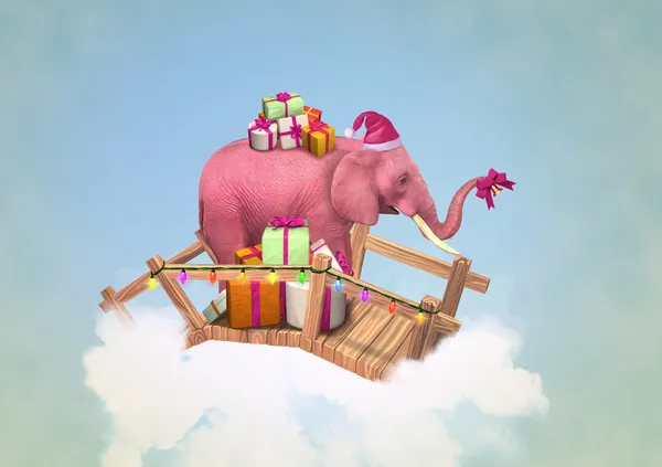 Rosa elefant med julen lådor. — Stockfoto