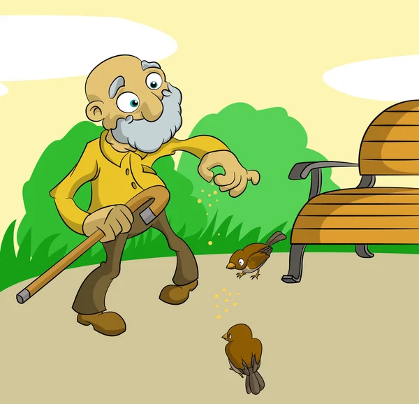 Viejo hombre alimentación aves — Vector de stock