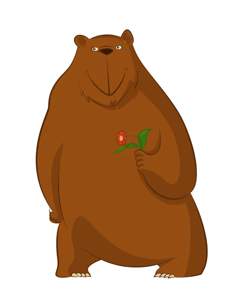 Urso engraçado dos desenhos animados com flor — Vetor de Stock