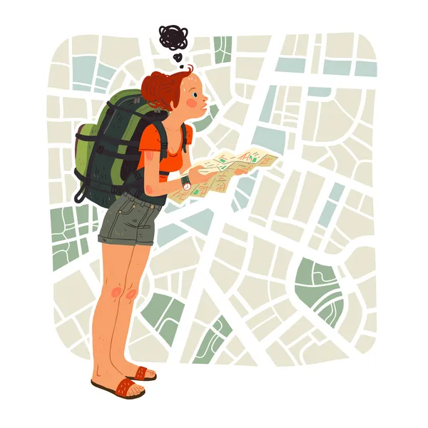 Tourist girl with map in the city — 스톡 벡터