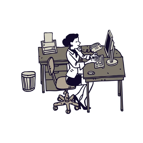 Jovem secretária trabalhando no computador isolado em branco . — Vetor de Stock