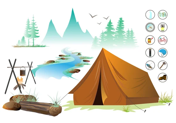 View of camping and equipment symbols — Stock Vector