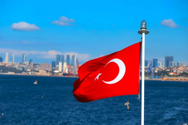 Török Zászló Nemzeti Zászló Áll Egy Piros Mező Háttér Egy — Stock Fotó