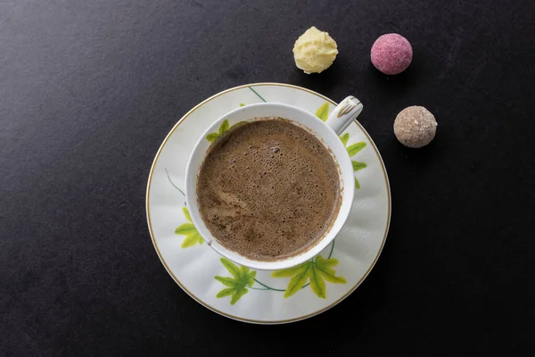 Chocolate Turkish Coffee Black Background — Stock Photo, Image