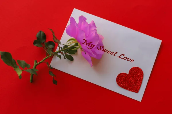 Valentine Day Concept Rose White Envelope Red Heart Dear Messages — стоковое фото