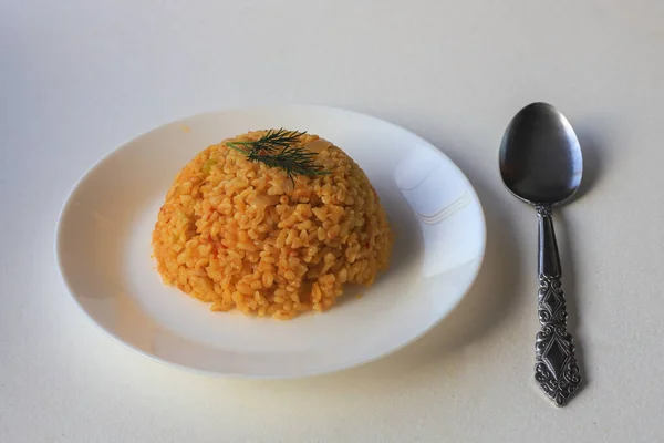 Bulgur Pilaf Tradicional Turco Con Pausa Tomate Plato Nombre Turco —  Fotos de Stock