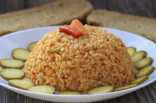 Bulgur Pilaf Tradicional Turco Con Pausa Tomate Plato Nombre Turco —  Fotos de Stock