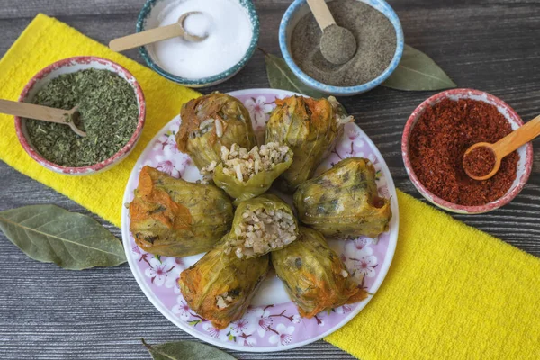 Traditional delicious Turkish - Greek cuisine, Turkish food; Stuffed zucchini flowers (Turkish name; kabak cicegi dolmasi)