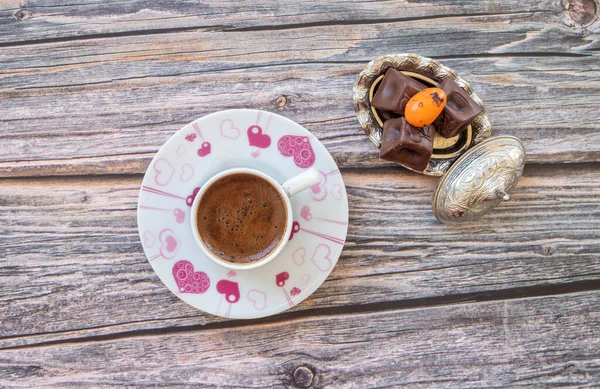 Türkischer Kaffee Auf Holzgrund Draufsicht — Stockfoto