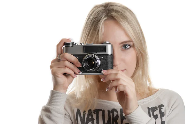 Young beautifull girl with vintage camera — Stock Photo, Image