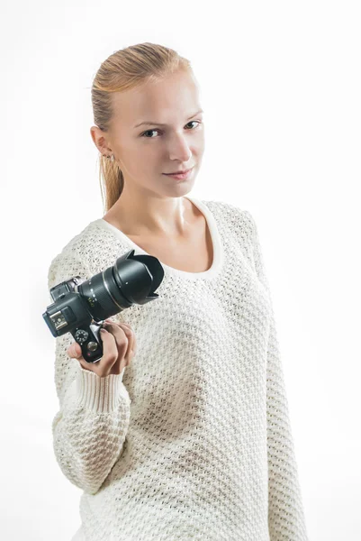 Young girl with digital camera, taking a picture — Stock Photo, Image