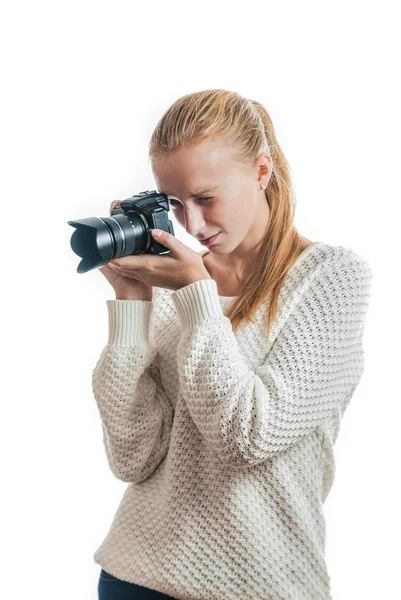 Young girl with digital camera, taking a picture — Stock Photo, Image