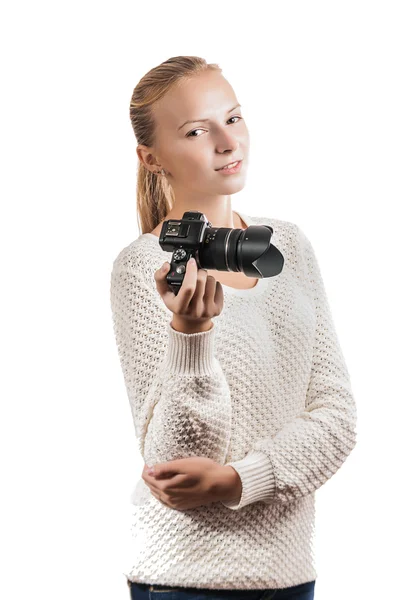 Young girl with digital camera, taking a picture — Stock Photo, Image