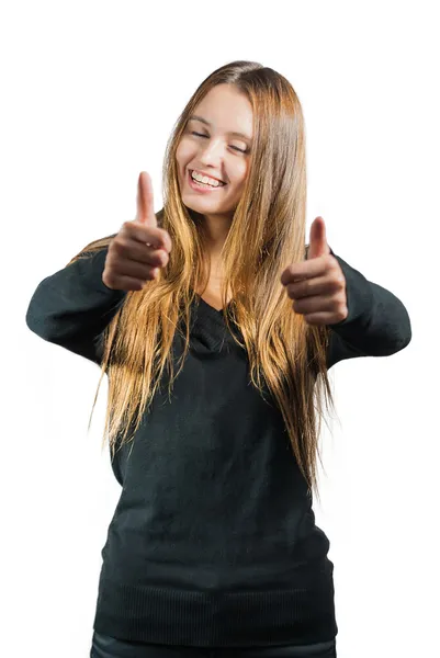 Mujer sonriente mostrando ok, aislado en blanco —  Fotos de Stock