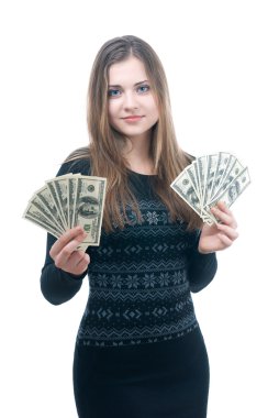 Girl with wad of money in her hands clipart