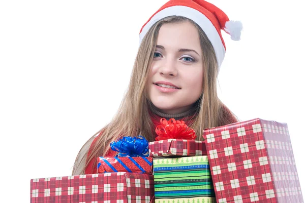 Smilling wooman with giftboxes — Stock Photo, Image