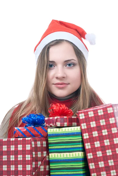 Smilling wooman with giftboxes — Stock Photo, Image