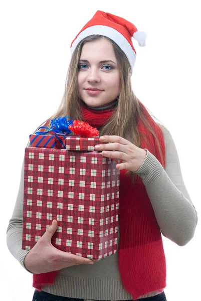 Smilling wooman with giftboxes — Stock Photo, Image