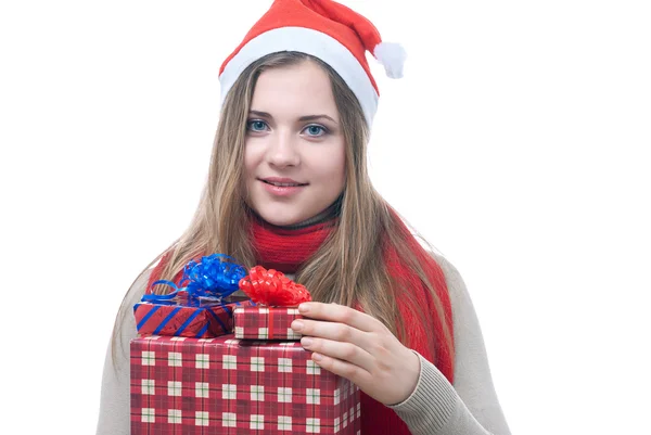 Smilling wooman with giftboxes — Stock Photo, Image